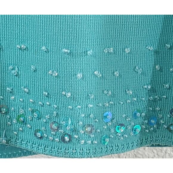 Teal Beaded Round Neck And Hem Sleeveless Top Medium Lightweight Keyhole Back - Picture 3 of 5